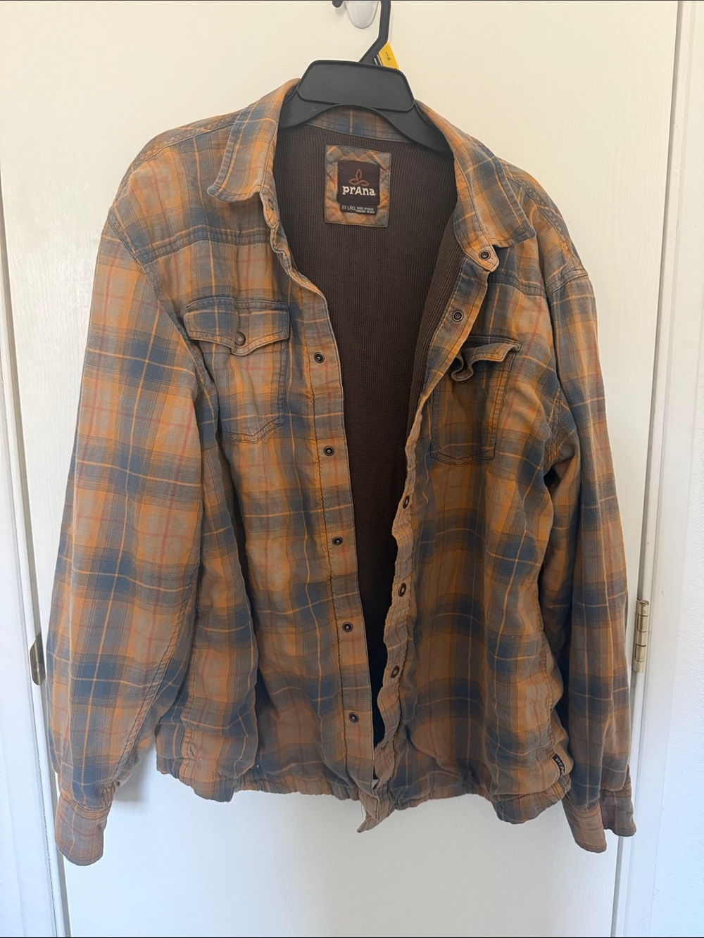 Prana Orange and Blue Plaid Snap-Front Shirt Jacket